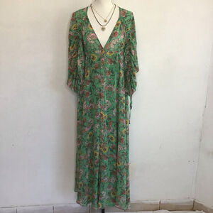 Free People Women Elegant Sheer Spring Green Floral V-Neck Maxi Dress S/P